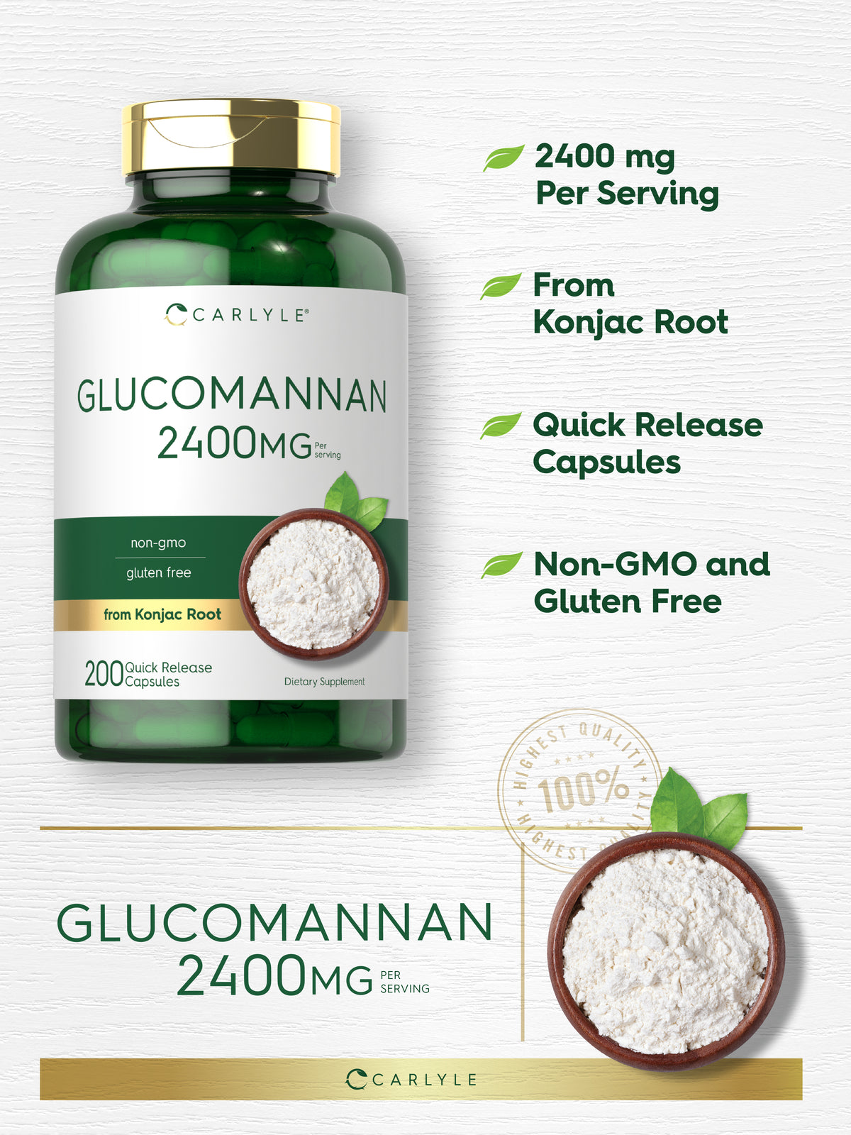 Suplemento de Glucomanano 2400mg | 200 Cápsulas | Konjac Puro | Livre de OGM