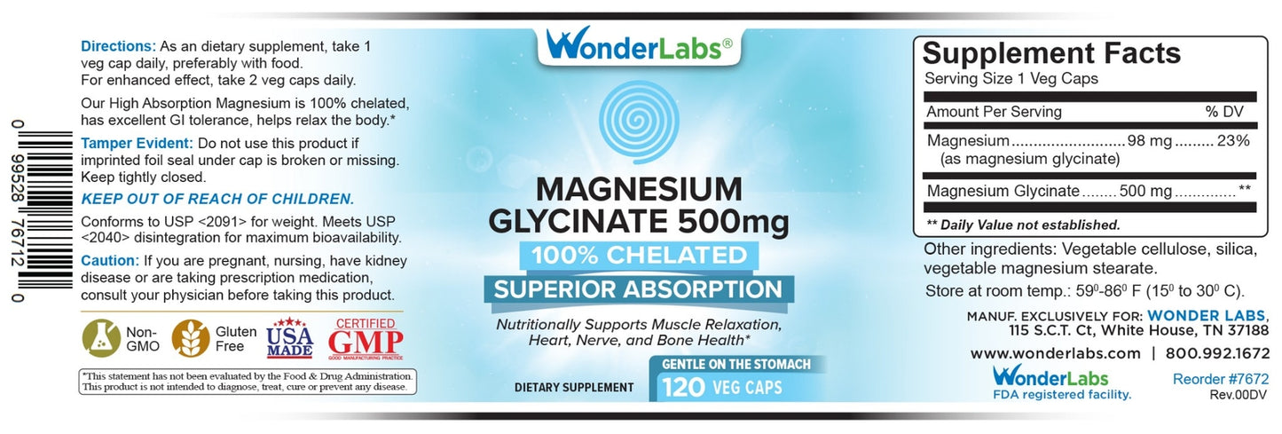 Wonder Labs Magnésio Glicinato Premium – 500mg, Absorção Avançada
