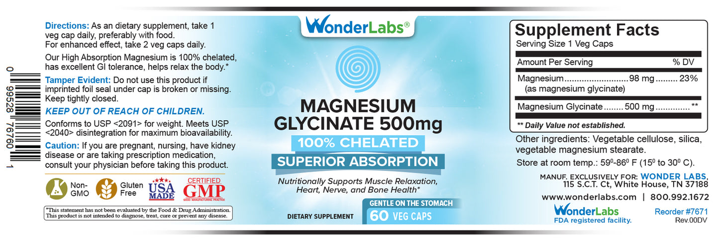 Wonder Labs Magnésio Glicinato Premium – 500mg, Absorção Avançada