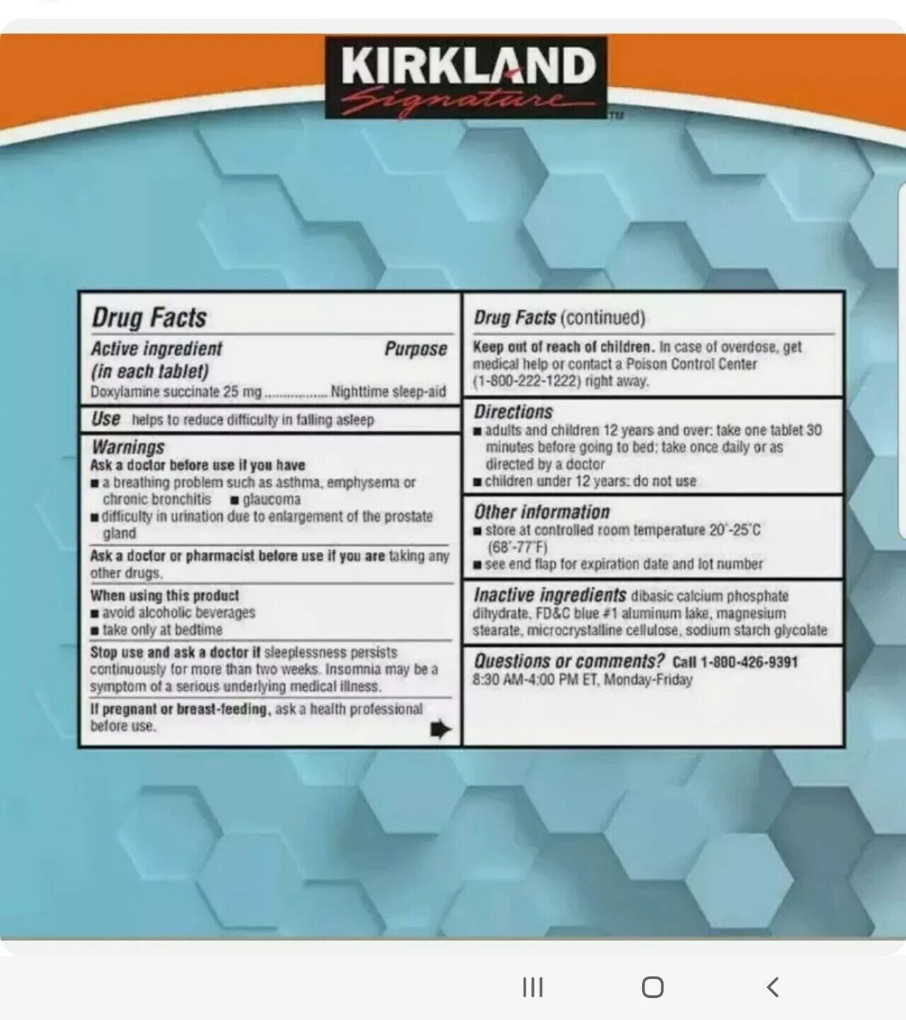 Sleep Aid Kirkland 25mg – Auxílio Noturno com 192 Comprimidos (2 Unidades)