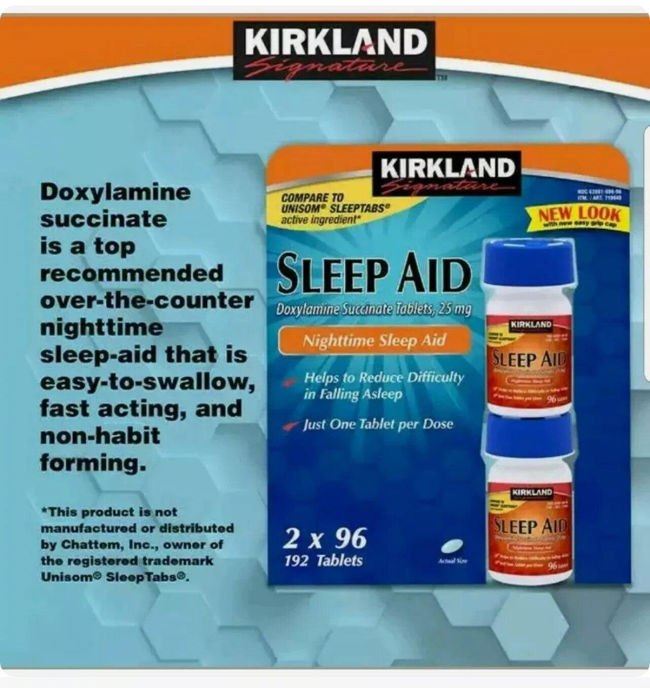 Sleep Aid Kirkland 25mg – Auxílio Noturno com 192 Comprimidos (2 Unidades)
