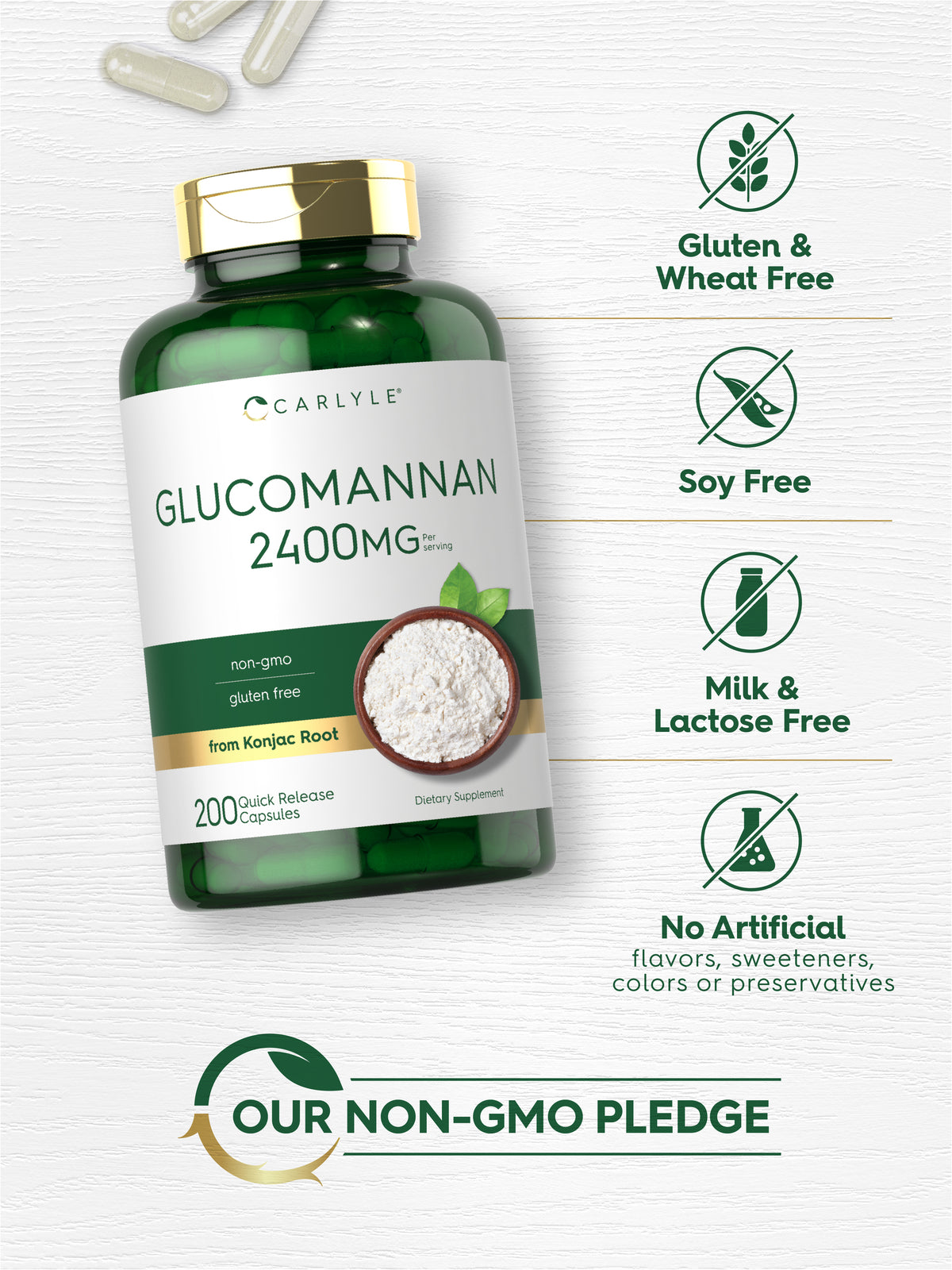 Suplemento de Glucomanano 2400mg | 200 Cápsulas | Konjac Puro | Livre de OGM