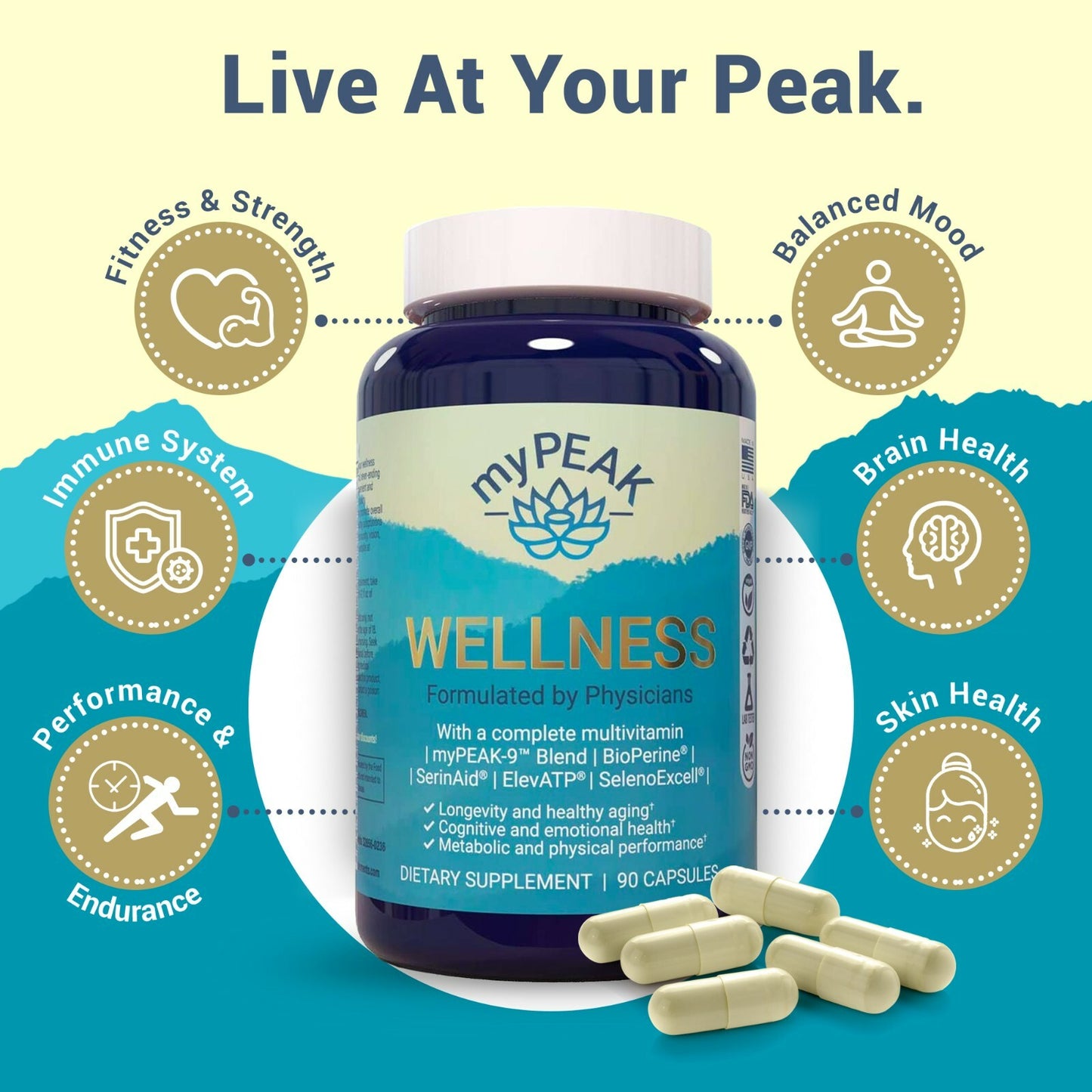 Multivitamínico Vegano myPEAK Wellness + ElevATP® | Saúde Celular e Longevidade