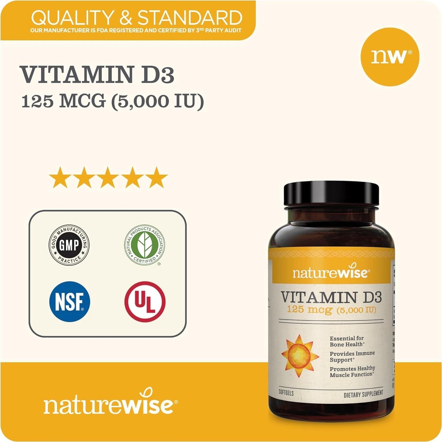 NatureWise D3 5000 UI – 360 Cápsulas Gelatinosas para Ossos e Imunidade