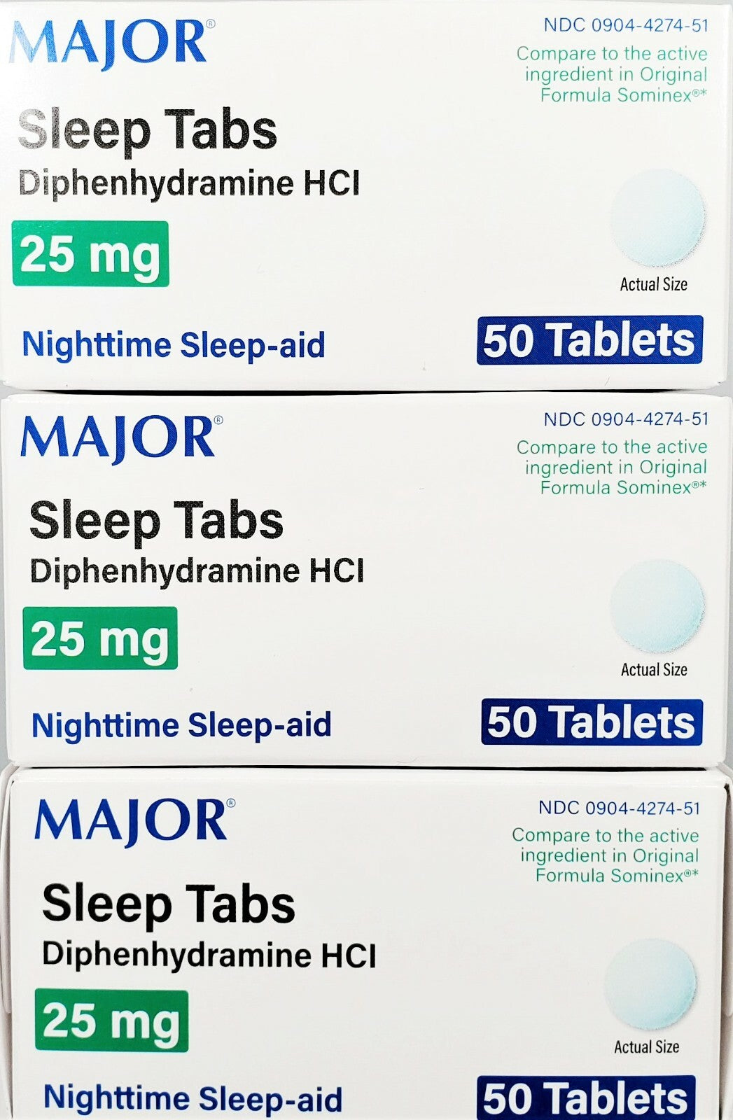 Major Sleep Tabs Sleep Aid difenidramina 25mg 50 comprimidos - Pacote com 3 -Exp 07-2027-