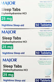 Major Sleep Tabs Sleep Aid difenidramina 25mg 50 comprimidos - Pacote com 3 -Exp 07-2027-