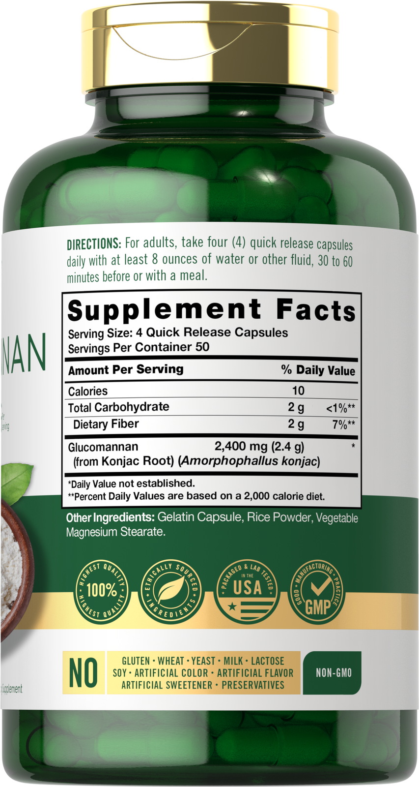 Suplemento de Glucomanano 2400mg | 200 Cápsulas | Konjac Puro | Livre de OGM