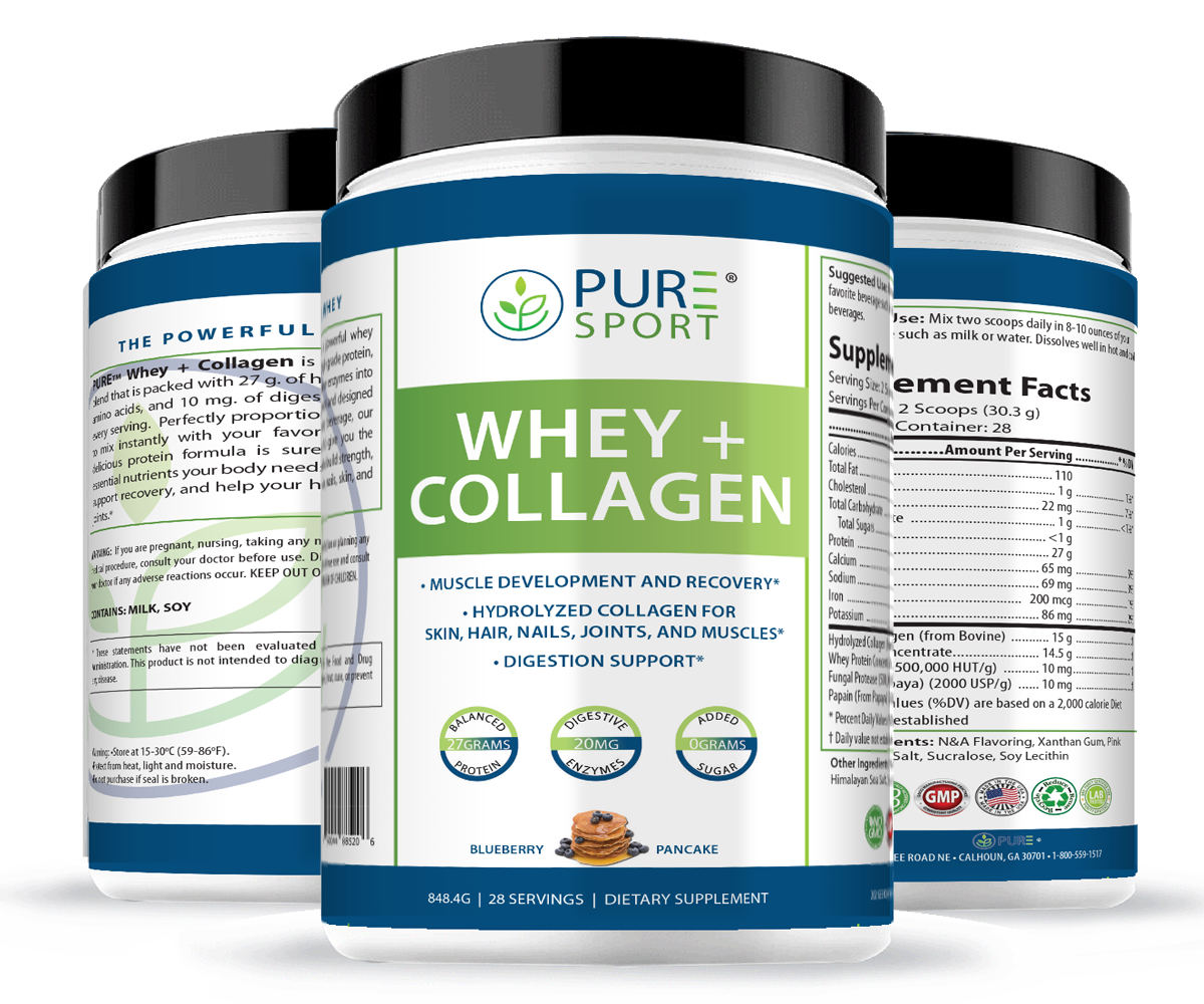 Whey Protein com Colágeno PURE 848g – Sabor Baunilha e Mirtilo | 28 Doses | 27g por Porção