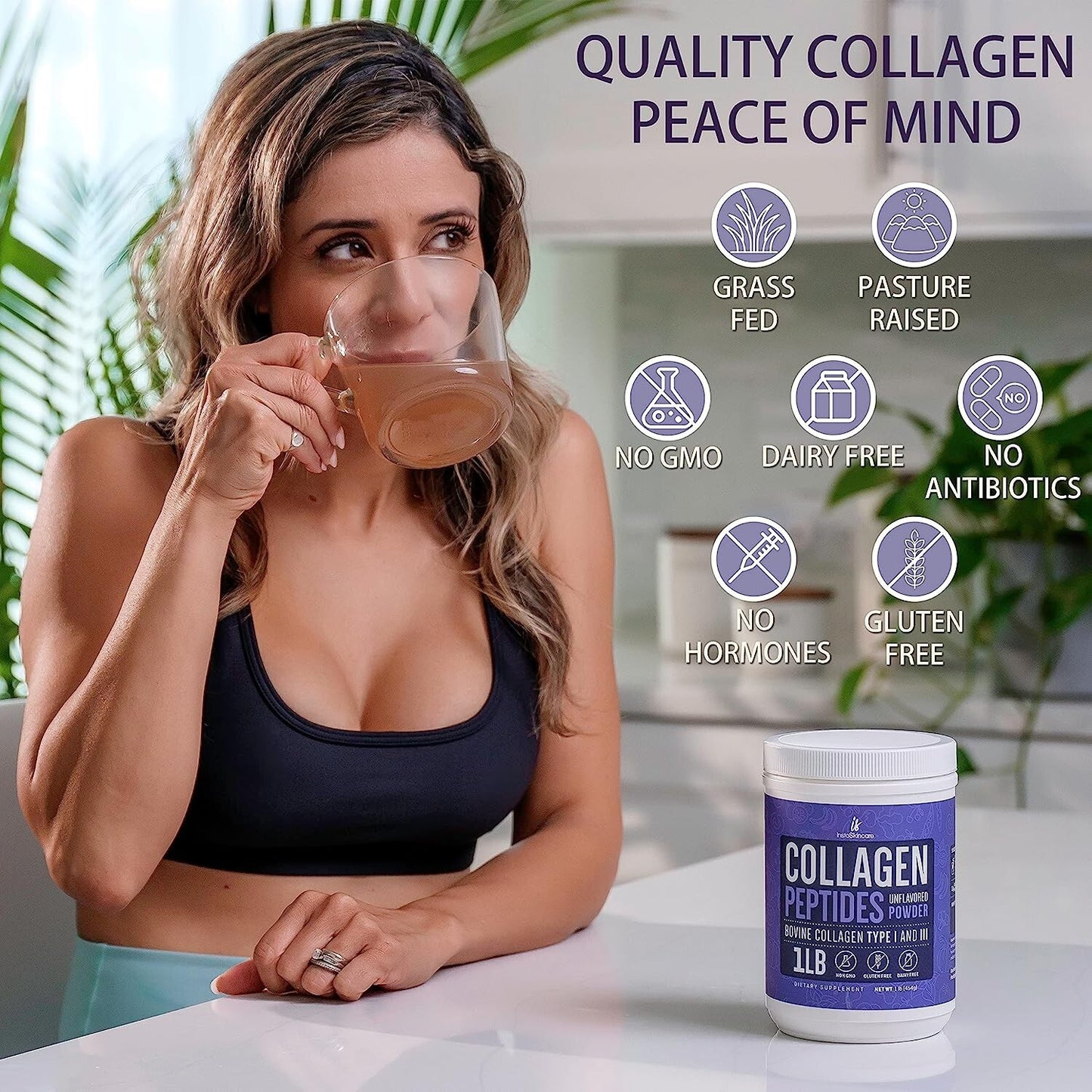Peptídeos de colágeno em pó proteína hidrolisada tipos 1&3 suplemento antienvelhecimento 1 lb-