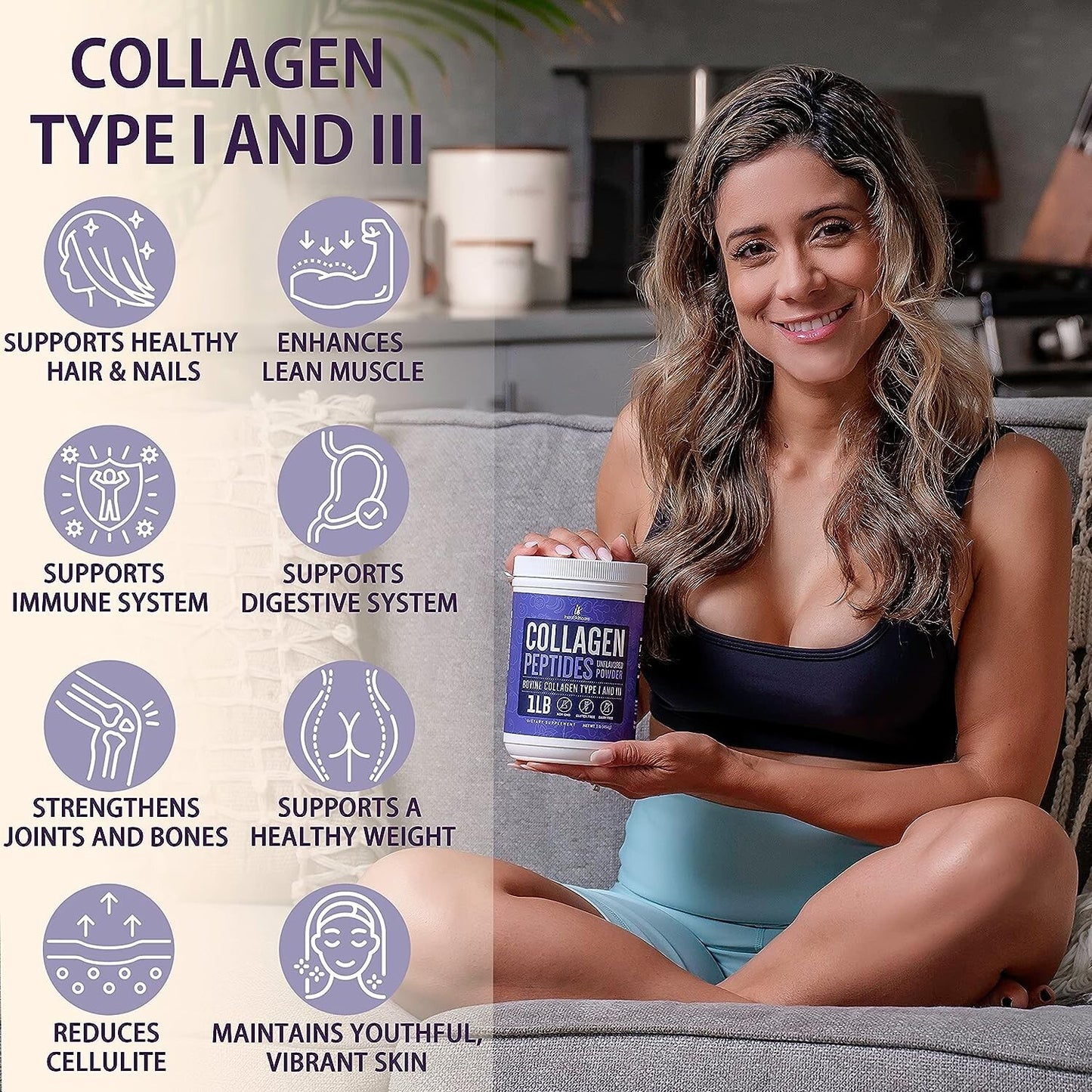 Peptídeos de colágeno em pó proteína hidrolisada tipos 1&3 suplemento antienvelhecimento 1 lb-