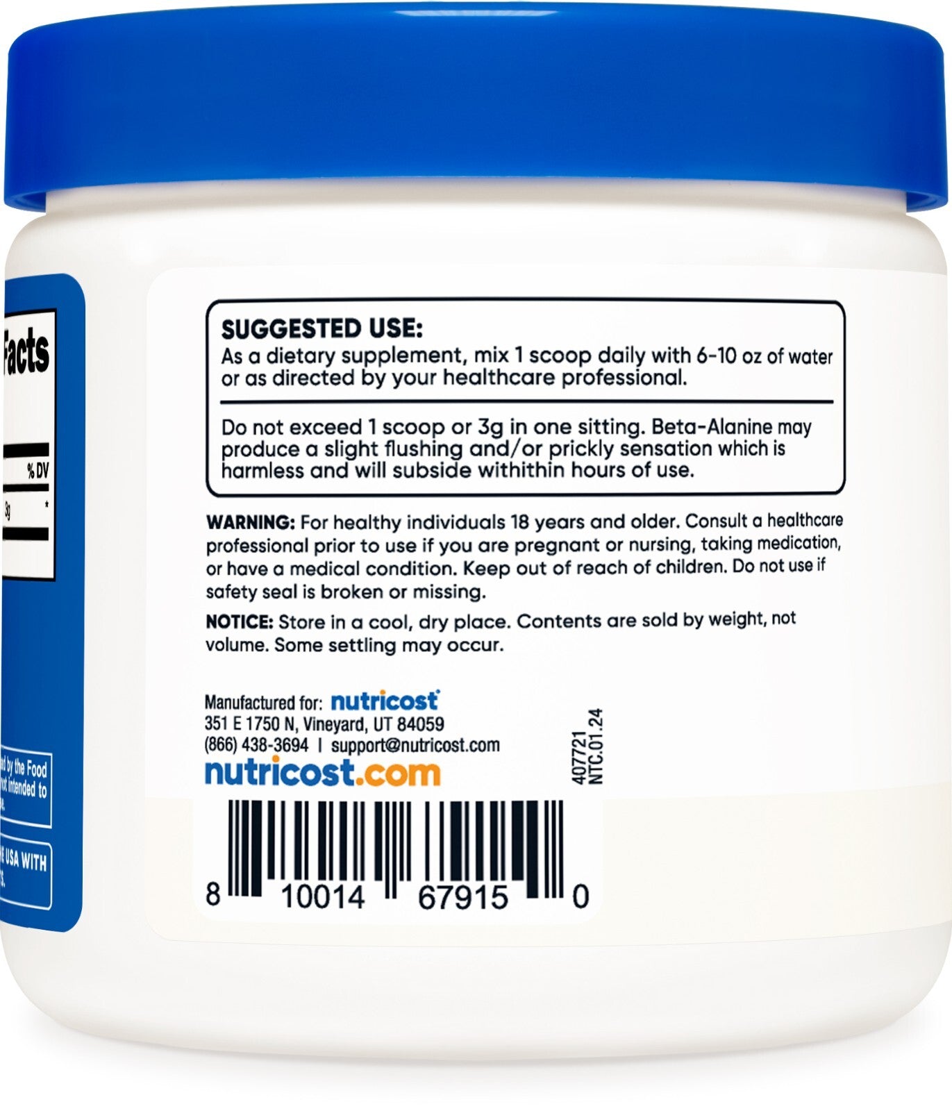 Nutricost Beta-Alanine 300g – Pure, Unflavored, 100 Doses