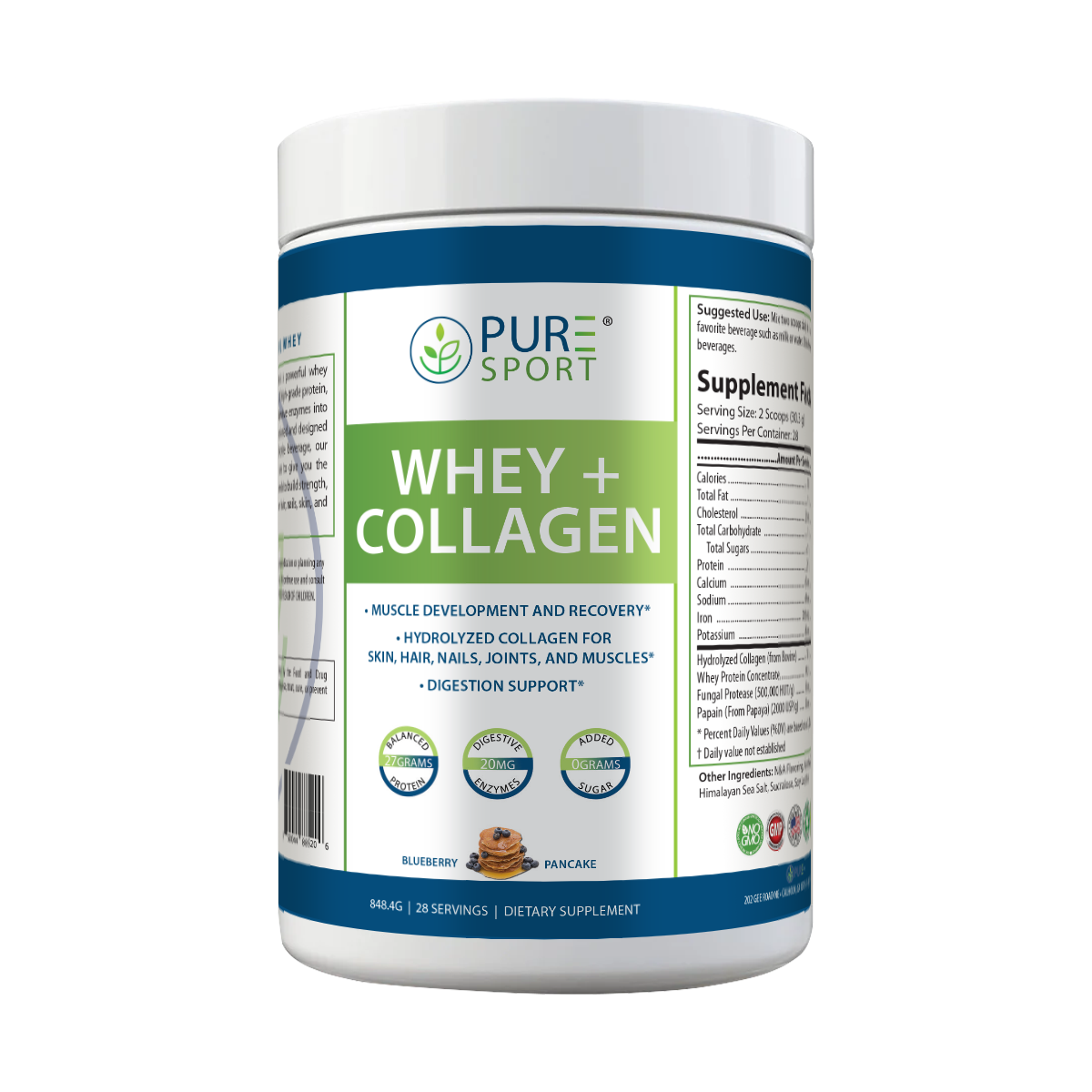 Whey Protein com Colágeno PURE 848g – Sabor Baunilha e Mirtilo | 28 Doses | 27g por Porção
