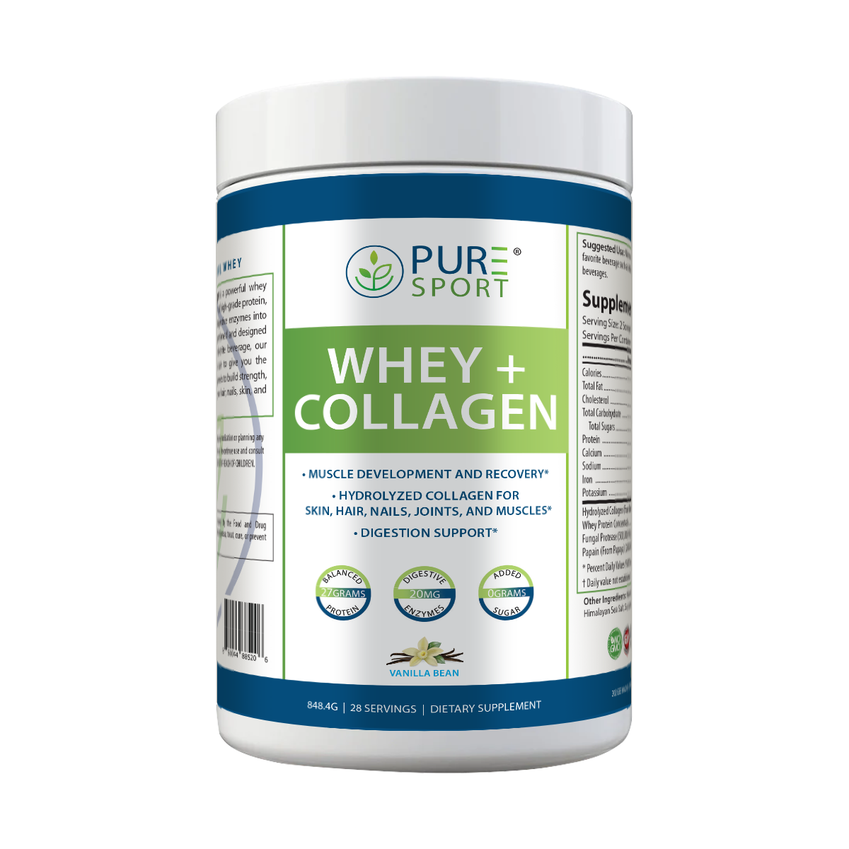 Whey Protein com Colágeno PURE 848g – Sabor Baunilha e Mirtilo | 28 Doses | 27g por Porção