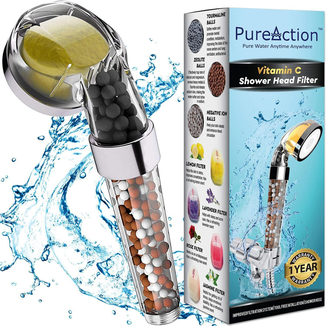 PureAction Vitamin C Shower Head Filter with Hose & Replacement Filters  Hard Water Softener  Chlorine & Fluoride Filter  Water Purifying Filtered Showerhead with Beads  Helps Dry Skin & Hair Loss