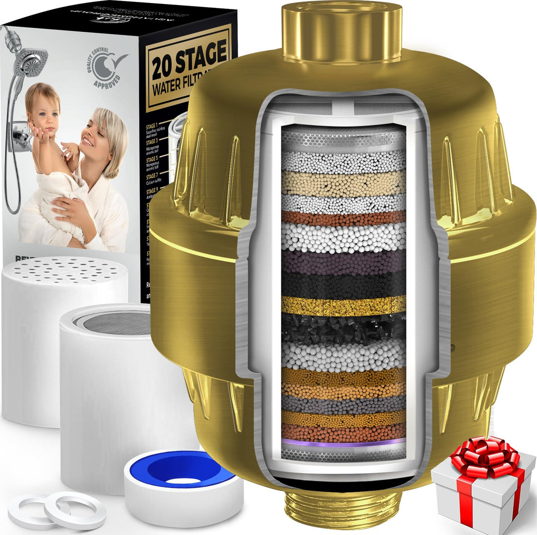 20 Stage Shower Filter for Hard Water   2.5 GPM Universal Shower Head Filter for Chlorine Fluoride Heavy Metals   Vitamin C E Shower Water Filter for Hair and Skin (Golden)
