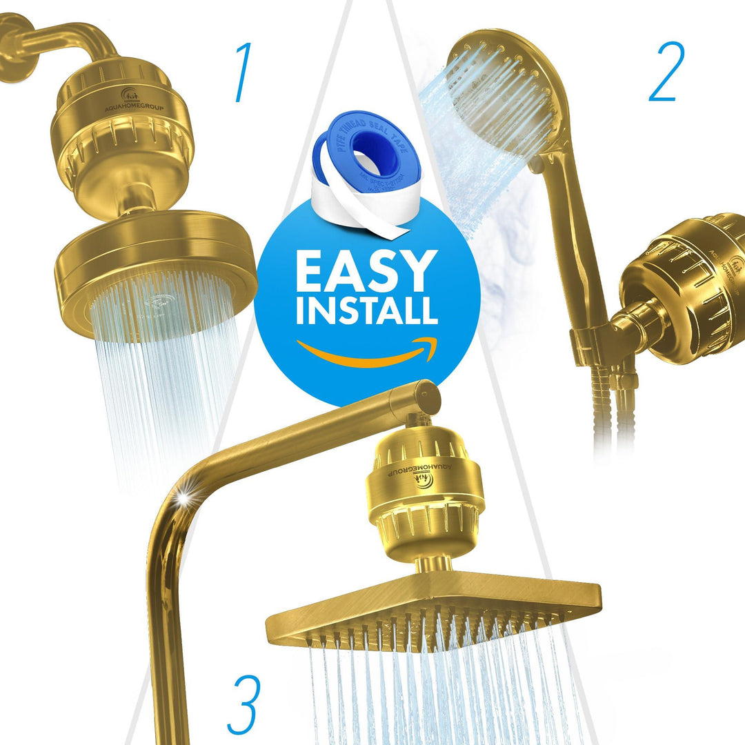 20 Stage Shower Filter for Hard Water   2.5 GPM Universal Shower Head Filter for Chlorine Fluoride Heavy Metals   Vitamin C E Shower Water Filter for Hair and Skin (Golden)