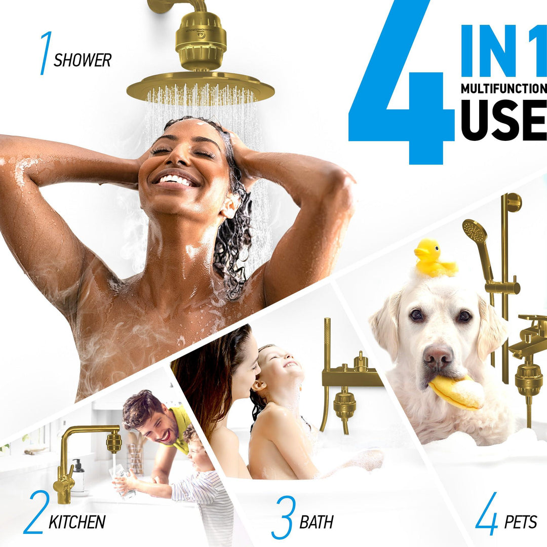 20 Stage Shower Filter for Hard Water   2.5 GPM Universal Shower Head Filter for Chlorine Fluoride Heavy Metals   Vitamin C E Shower Water Filter for Hair and Skin (Golden)