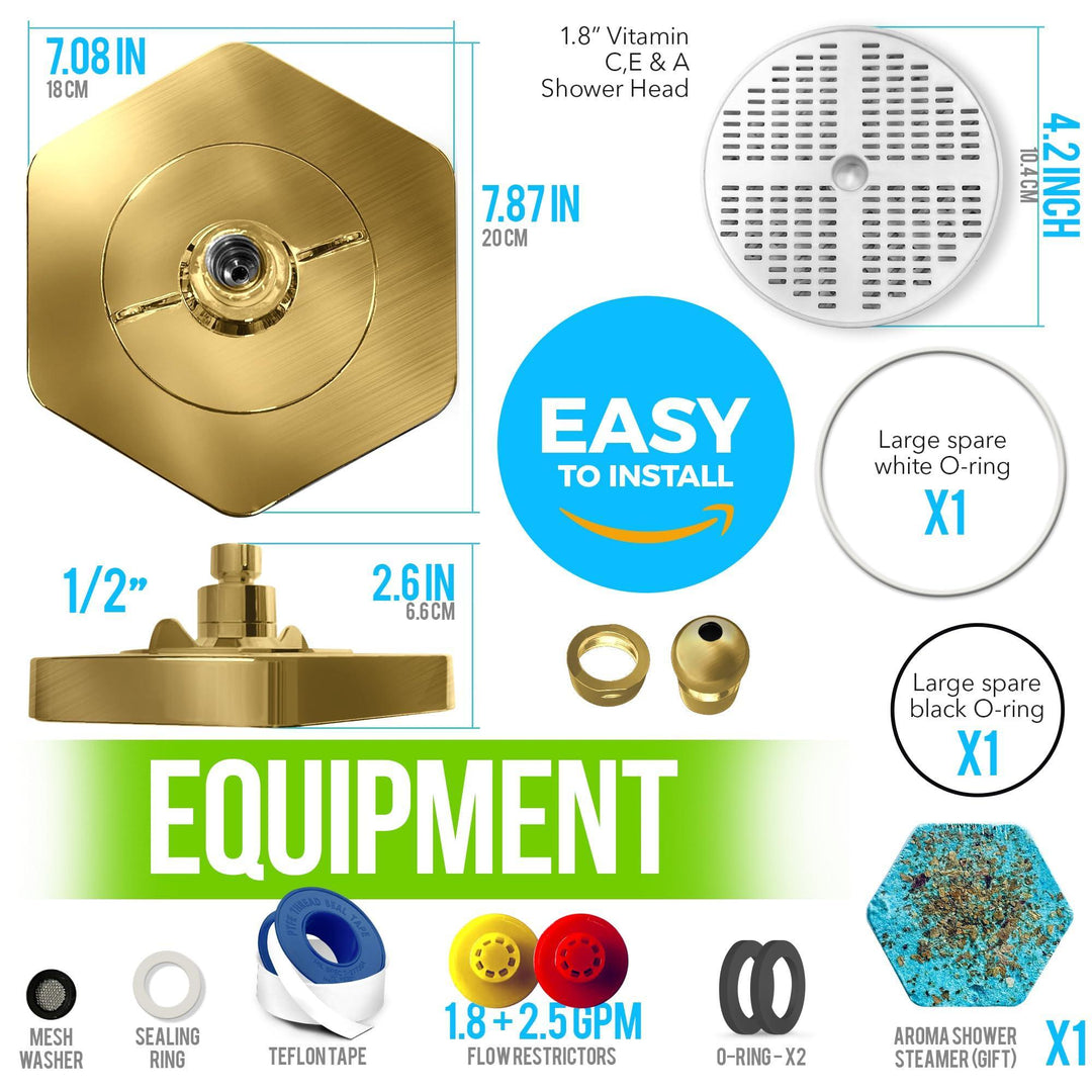 Luxury Filtered Shower Head   High Pressure Rain Showerhead with Filter for Chlorine Rust Sediments   Water Filter Shower Head with Vitamin C E A   SPA Effect (Patent Pending) (Golden)