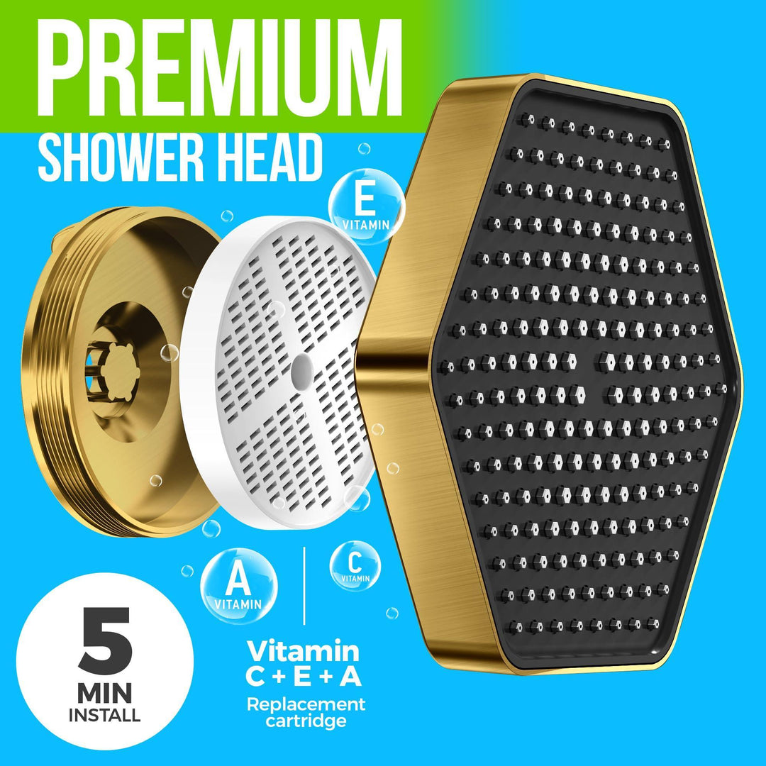 Luxury Filtered Shower Head   High Pressure Rain Showerhead with Filter for Chlorine Rust Sediments   Water Filter Shower Head with Vitamin C E A   SPA Effect (Patent Pending) (Golden)