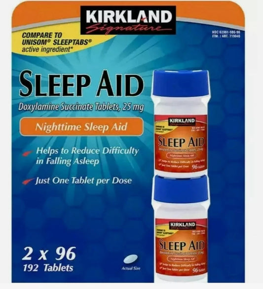Sleep Aid Kirkland 25mg – Auxílio Noturno com 192 Comprimidos (2 Unidades)