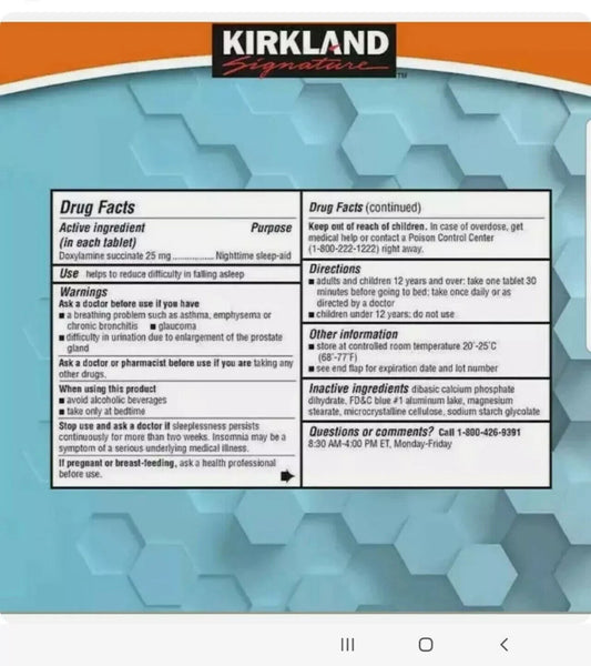 Sleep Aid Kirkland 25mg – Auxílio Noturno com 192 Comprimidos (2 Unidades)