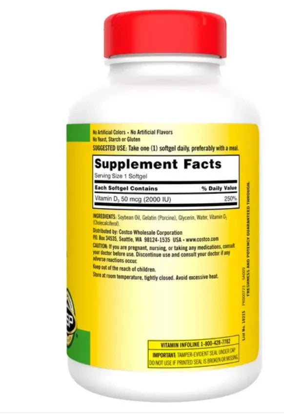 Vitamina D3 2000 UI Kirkland – Extra Strength – 600 Softgels