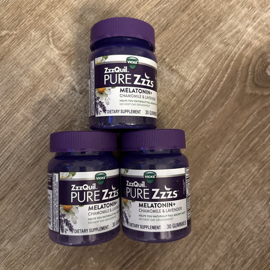 Vicks ZzzQuil Pure Zzzs – 3 Frascos com 30 Gomas | Relaxamento e Sono Profundo