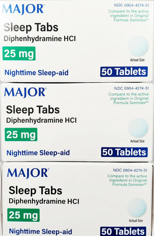 Major Sleep Tabs Sleep Aid difenidramina 25mg 50 comprimidos - Pacote com 3 -Exp 07-2027-
