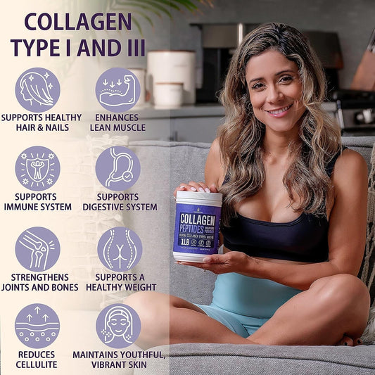 Peptídeos de colágeno em pó proteína hidrolisada tipos 1&3 suplemento antienvelhecimento 1 lb-
