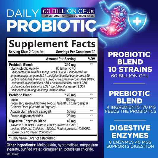 Daily Probiotic 60 Billion CFU – 10 Strains for Digestive Health and Immunity