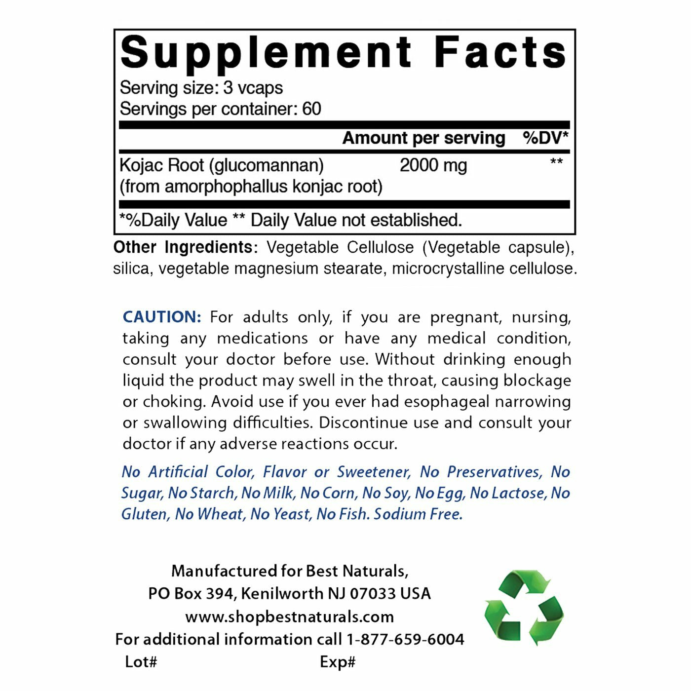 Konjac Glucomannan 2000mg – 180 Capsules | Natural Supplement for Weight Loss, Appetite Control and Digestive Health – Best Naturals – Gluten Free